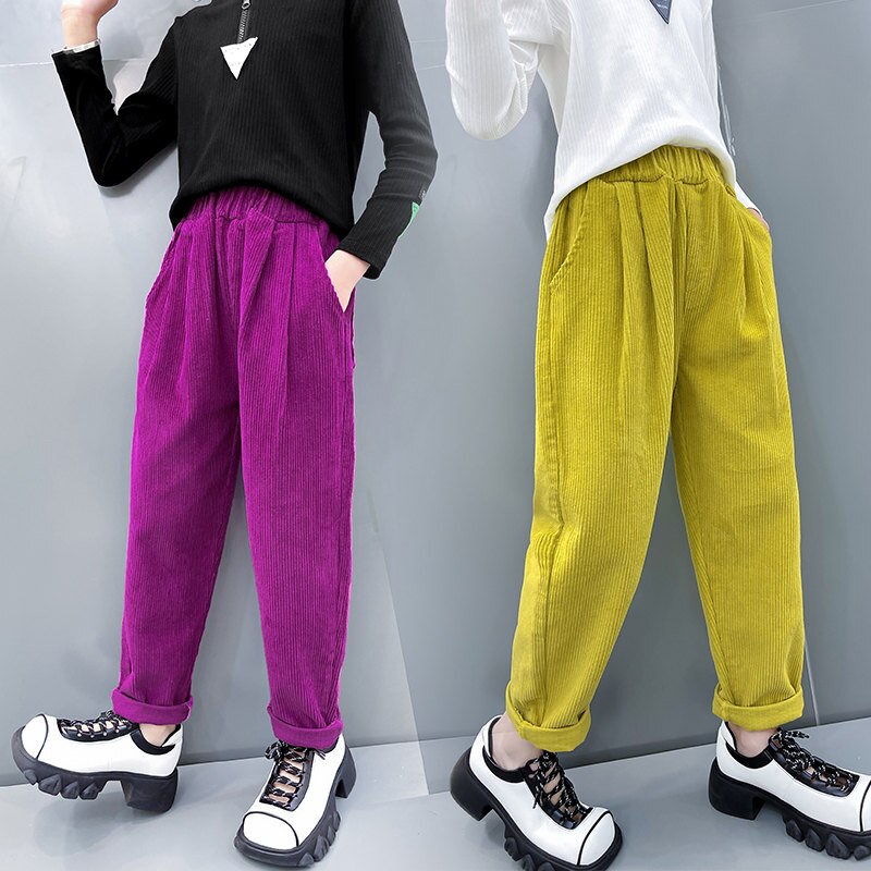 2022 Lente Kinderen Lange Potlood Broek Voor Tienermeisjes Kleur Corduroy Broek Herfst Casual Sport Losse Elastische Taille Joggingbroek