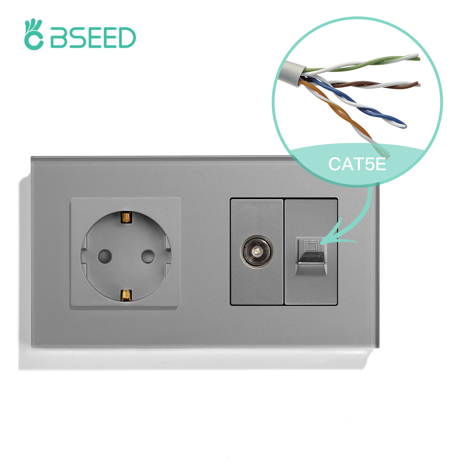 BSEED TV CAT5 With EU Socket Double Wall Sockets TV Internet RJ45 PC Connections Type-c USB Electric Sockets Glass Frame: Type 17