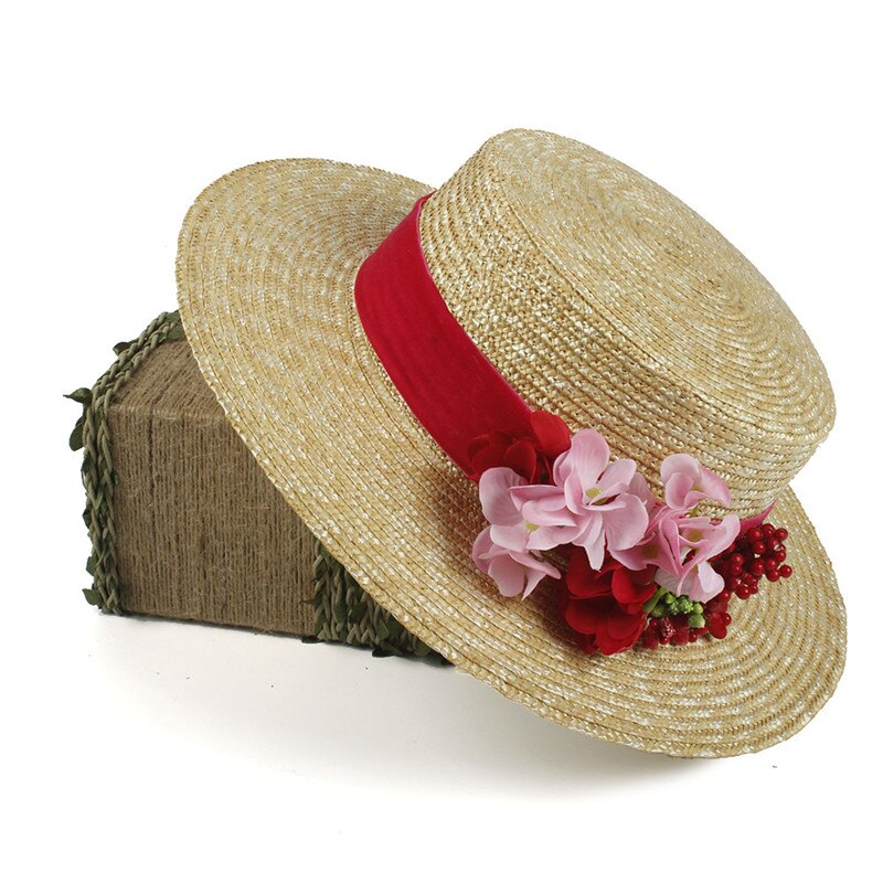 Sombrero de paja de trigo para mujer, gorro de sol plano con flor roja para playa, verano, , 100%
