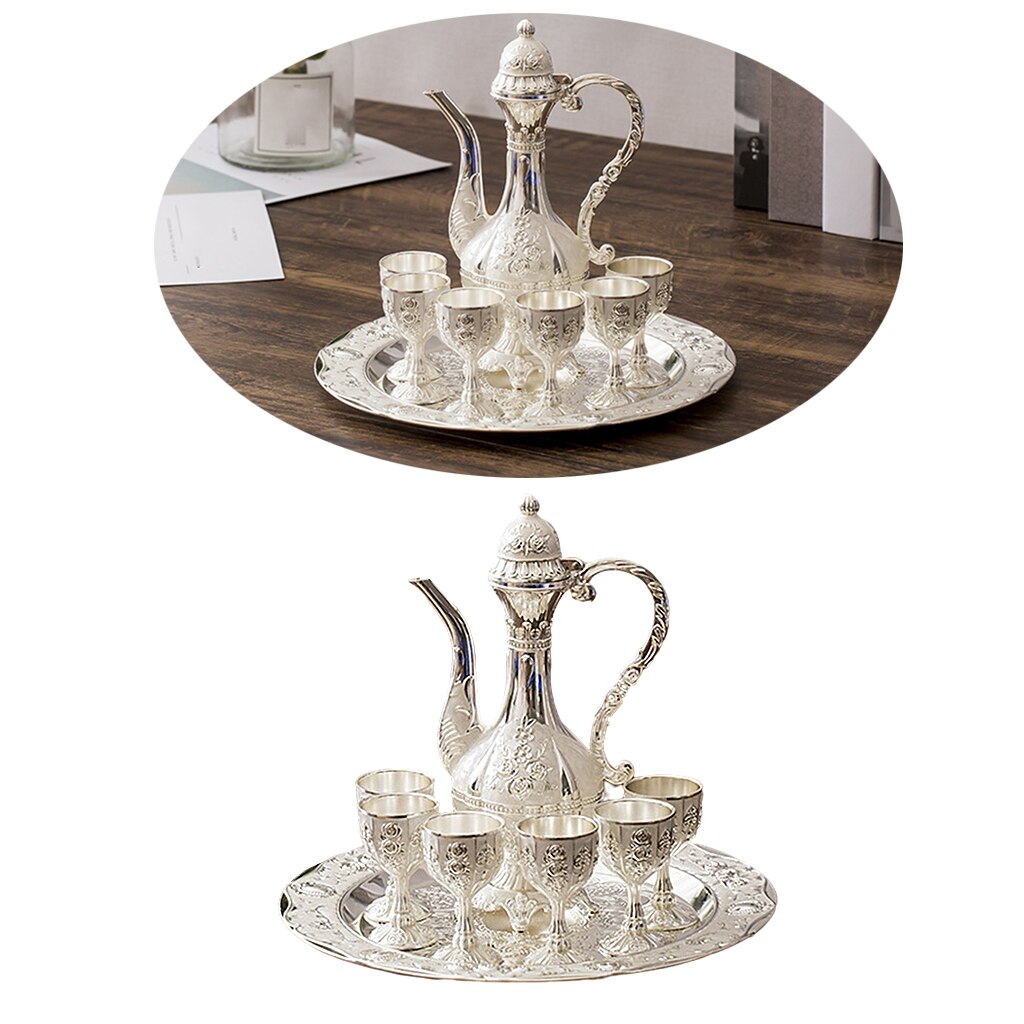 1 Set European Wine Set Home Wedding Drinkware Metal Hip Flask Set Ornaments Retro Palace Wine Cups Wine Pot Bottle Serving Tray