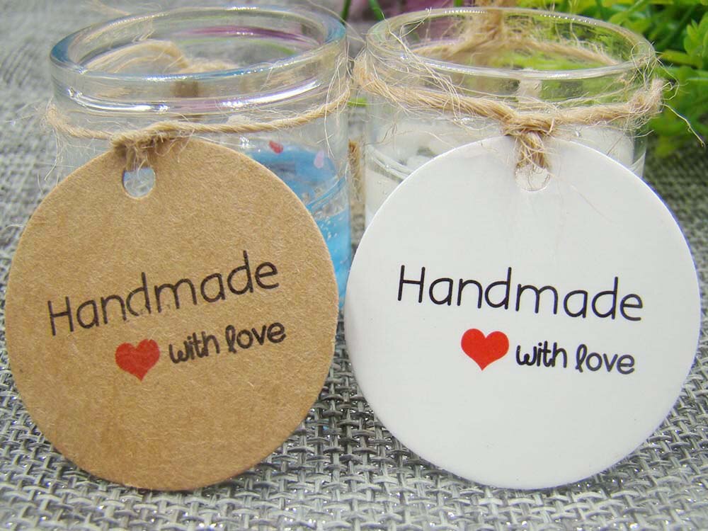 1.18*1.18 Inch 100 Pcs Ronde Handgemaakte Met Liefde Wit Papier Tags Met String Wit Voor Geschenkdoos Cookie bruiloft Gunst