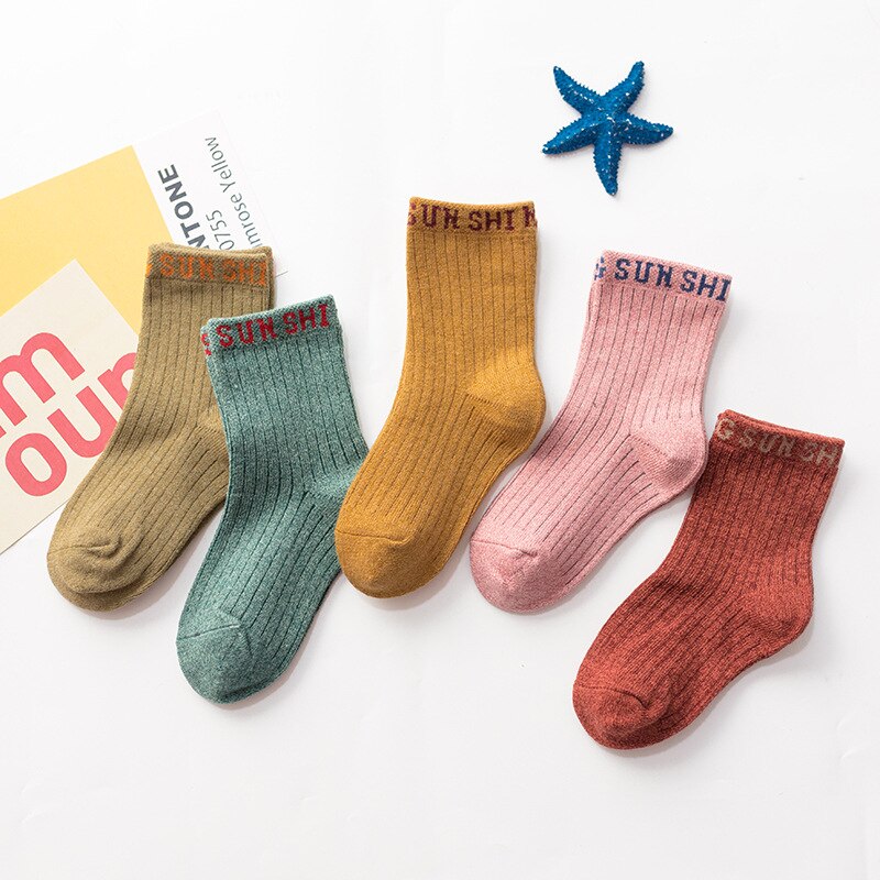 5 Paare Frühling Herbst freundlicher Socken Für Jungen Mädchen Einfache Feste Farbe Vertikale Streifen Baumwolle Alphabet Sport Socken: Mädchen / S(1-3 Jahre)