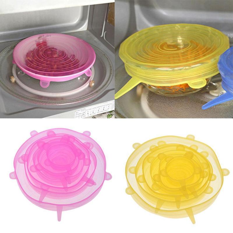 6 Pçs/set Alimentos Silicone Tampa Tampa de Silicone Reutilizável Trecho Universal Acessórios de Cozinha Para As Tampas de Panelas Tigela armazenamento de Co Y9P3