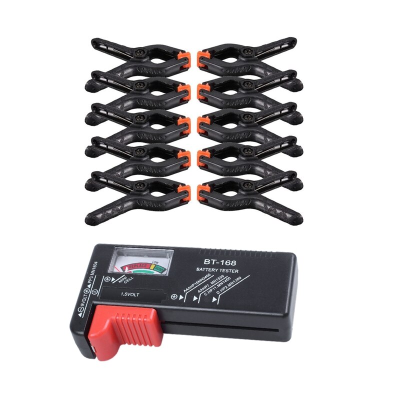 2 uds accesorios: 10 Uds Luz de estudio fotográfico, fotografía de pinzas para sujetar fondo y 1 Uds BT168 Universal probador de la batería