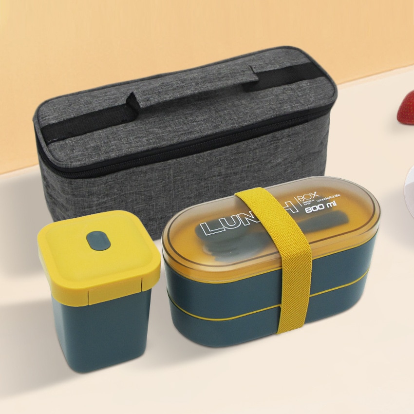 Dubbele Laag Gezonde Materiaal Lunchbox Met Vork En Lepel Magnetron Bento Dozen Serviesje Voedsel Opslag Container