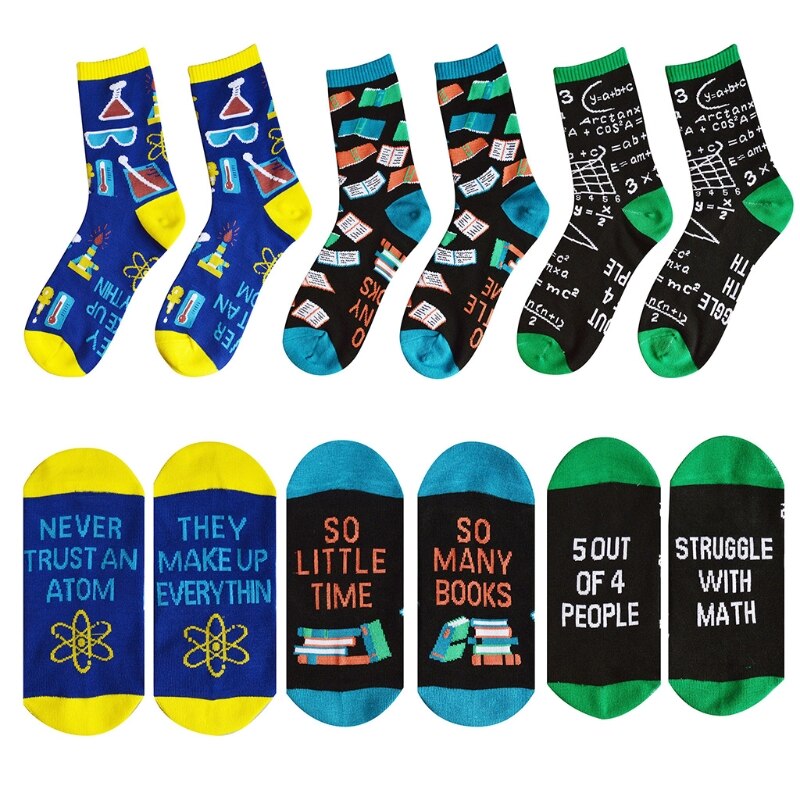 Men Women Novelty Funny Saying Cotton Crew Socks Colorful Books Science Math Pattern Letters Print Contrast Color Hosiery