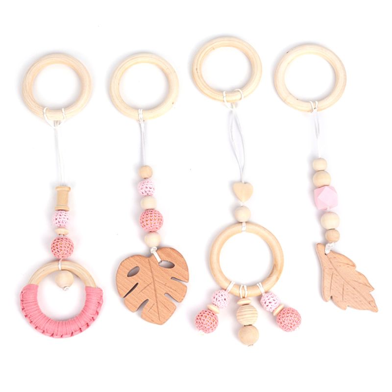 4 Stks/set Baby Play Gym Frame Wandelwagen Opknoping Hangers Hout Ring Bijtring Molaire: Leave Pink