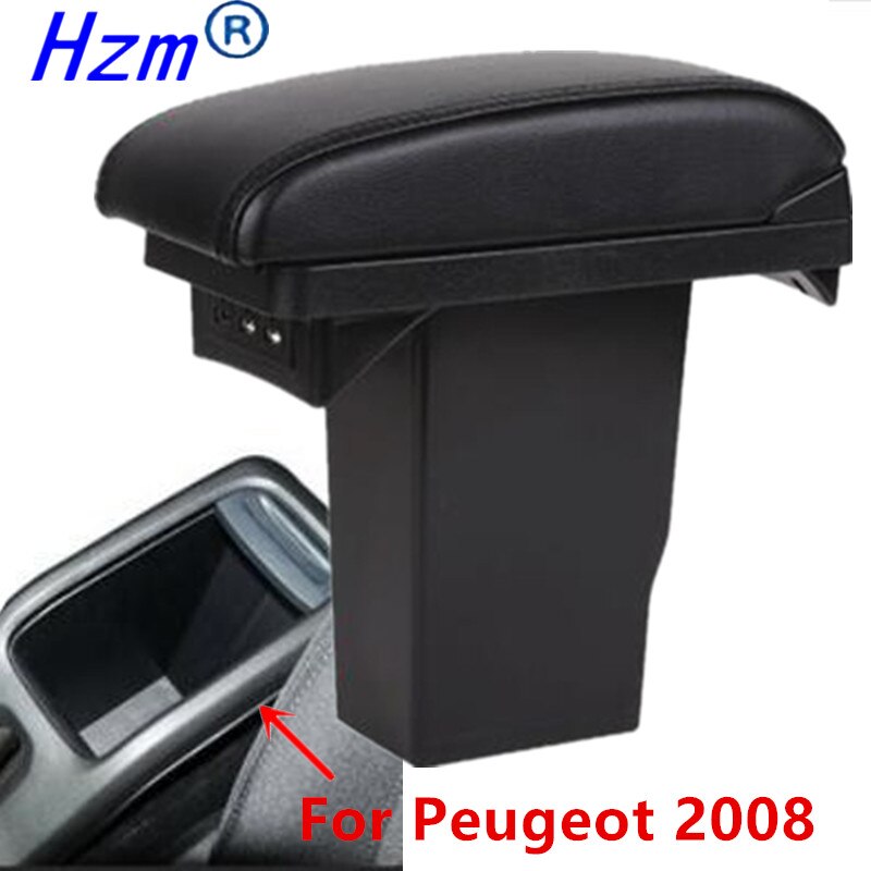 Voor Peugeot Armsteun Doos + 3USB Black Leather Center Opbergdoos Modificatie
