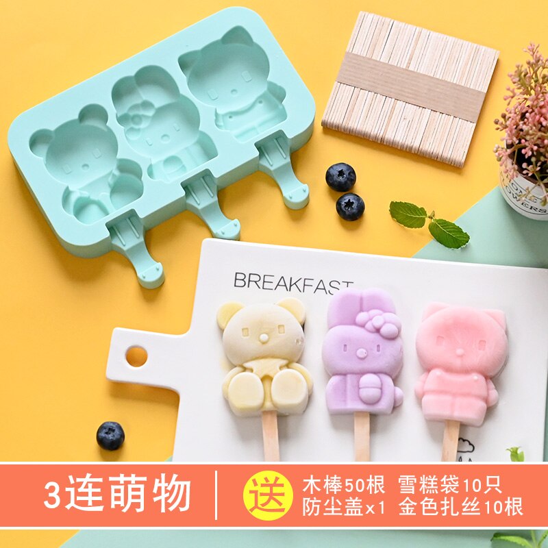 Cute DIY Ice Cream Mold Kit with 50 pcs Wood Sticks Food Grade Silicone Ice Tray Ice Cream Maker for Kitchen Supplies: G-50sticks