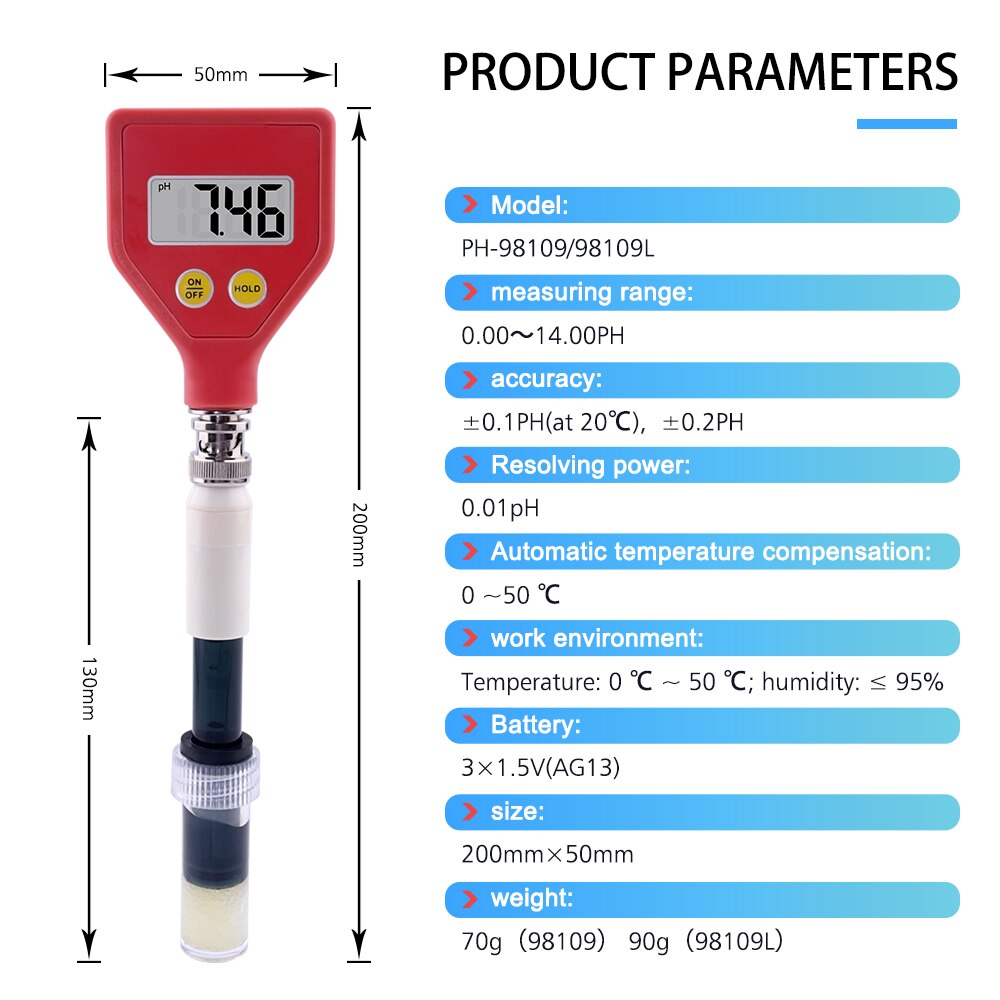 Yieryi-Medidor de pH de la piel, medidor Digital de pH cambiable, retención de datos con electrodo de vidrio afilado utilizado para agua, comida, queso, leche y suelo