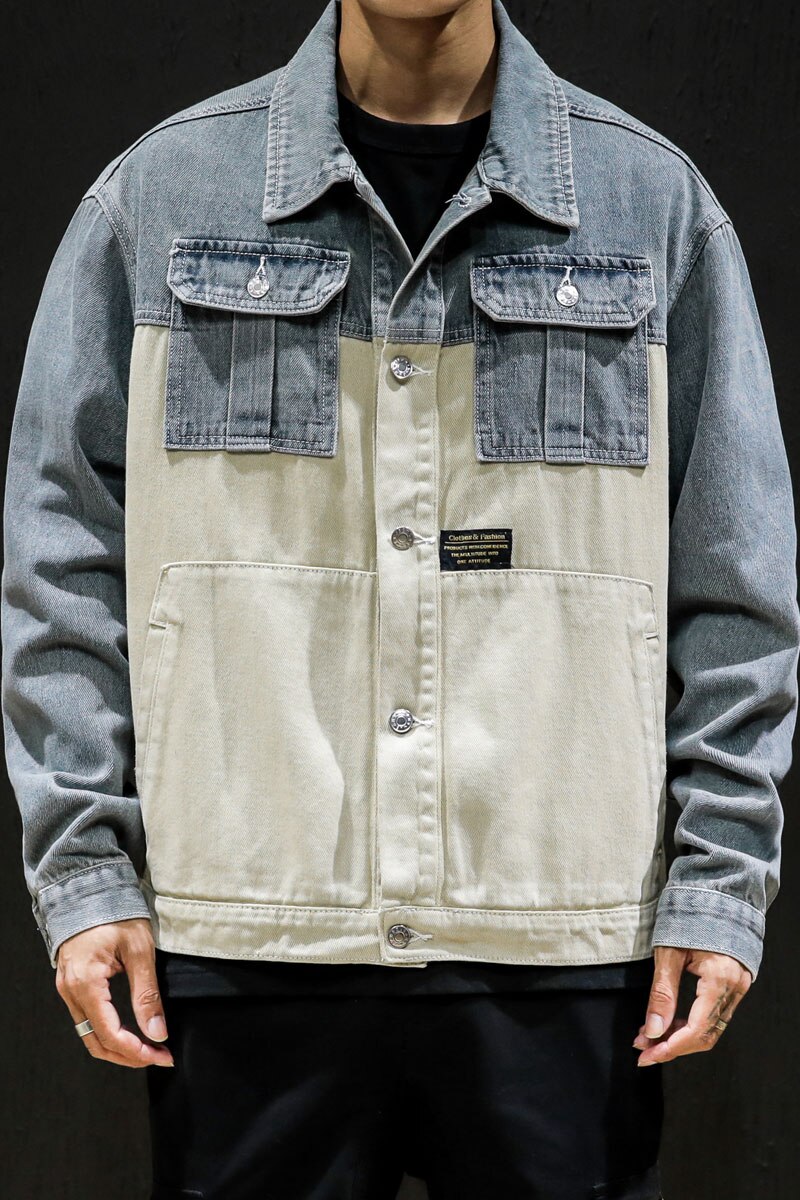 stitching denim jacket, layered stitching loose youth street Cargo jeans jacket coat hip-hop big size 5XL