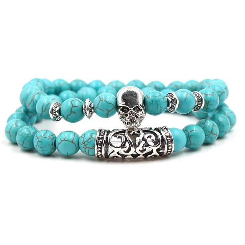 2 stk / sæt sølvfarvet buddha hoved lava skelet turkis natursten perler til kvinder mænd armbånd sæt charm armbånd  bh89