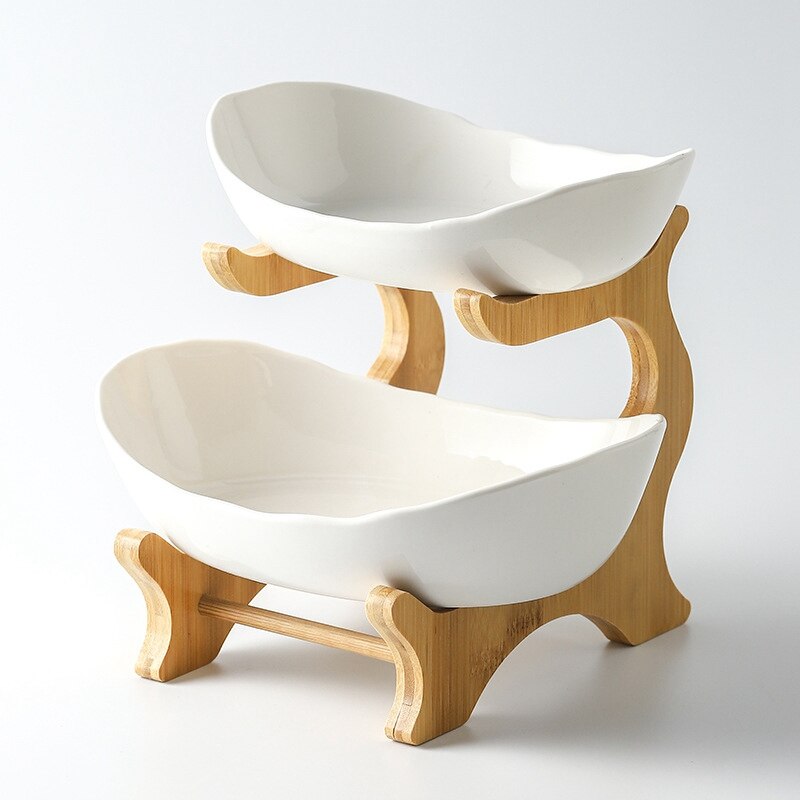 2 Tier Oval Ceramic Candy Dish Set with Collapsible Wood Rack White Party Food Server Display Set Tiered Serving Stand