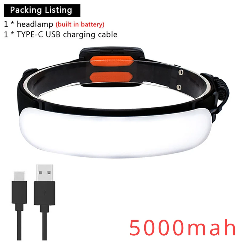 Potente linterna frontal LED COB, linterna frontal recargable por USB con batería integrada de 5000Mah, linterna para acampar y pescar: Azul