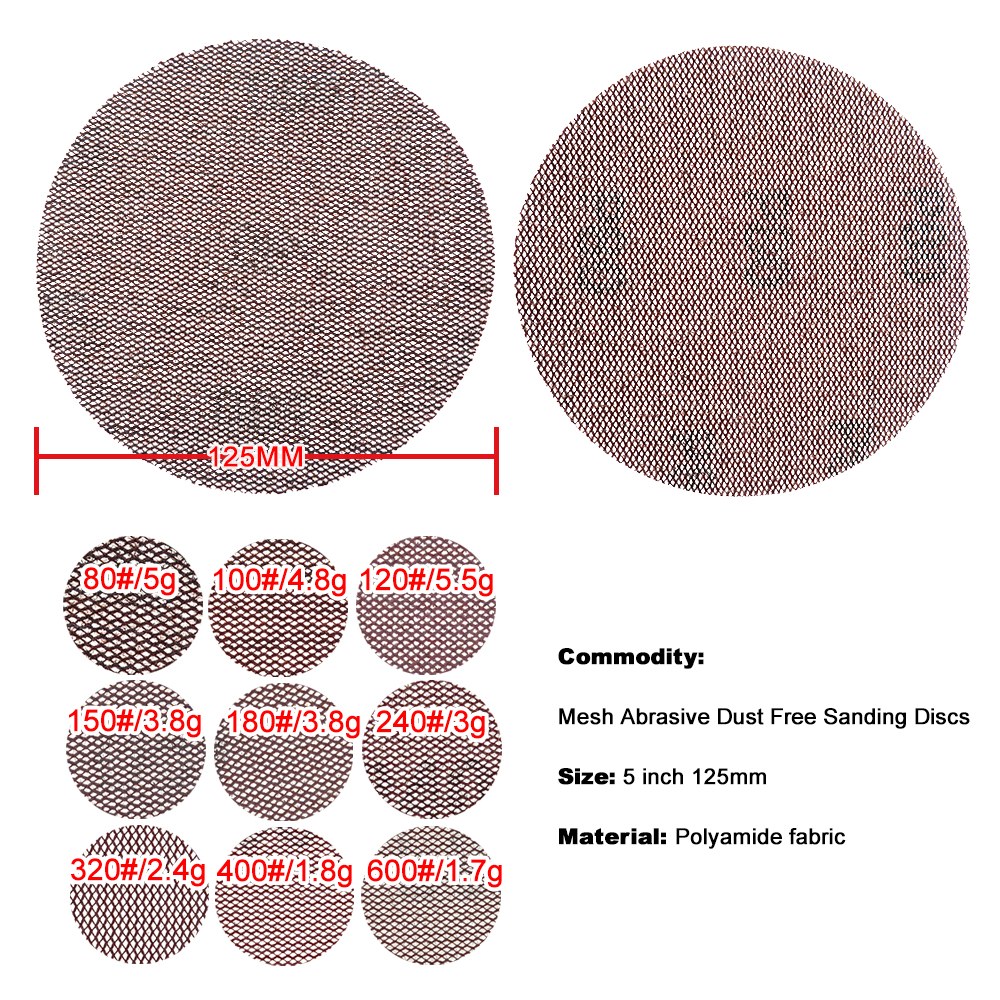 5 Inch Mesh Sanding Discs 10 Pcs 125mm Hook & Loop Abrasive Multifunctional Sandpaper for Polishing Materials Wood Stone