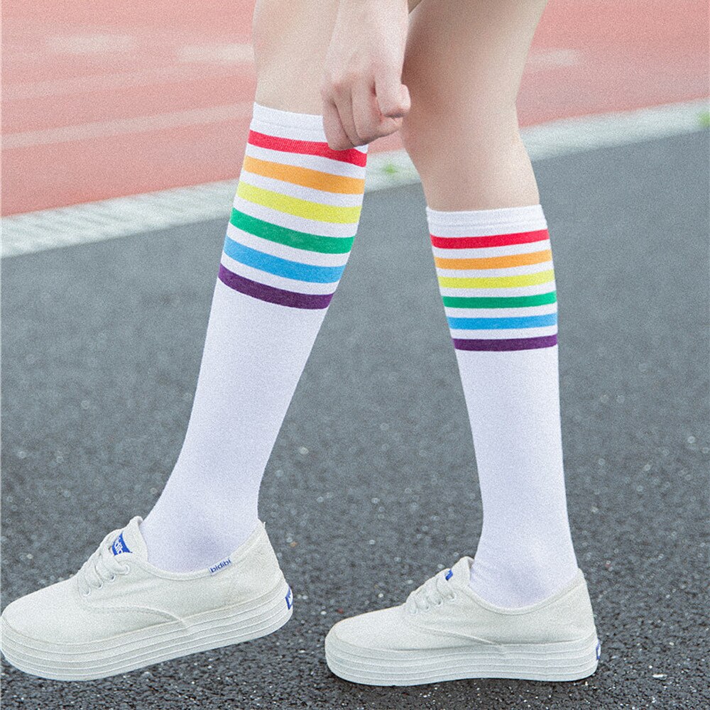 Sokken Voor Vrouwen Mode Dij Hoge Sokken Over De Knie Regenboog Streep Meisjes Voetbal Sport Sokken Wit