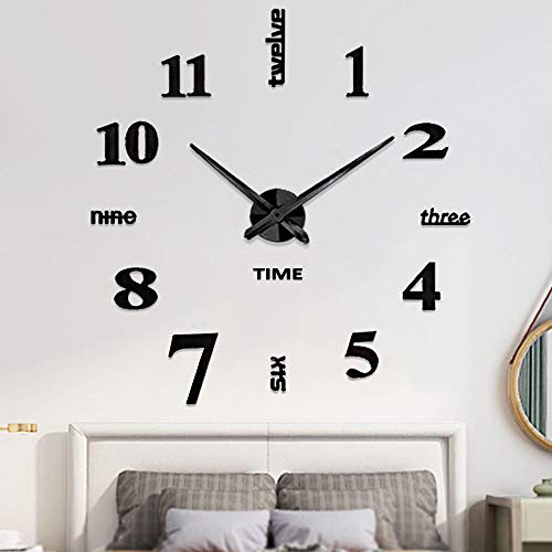 Rammeløs diy digital veggklokke 3d akryl speil veggur stor stum vegg klistremerker til stue soverom hjemme dekorasjoner: Svart -14