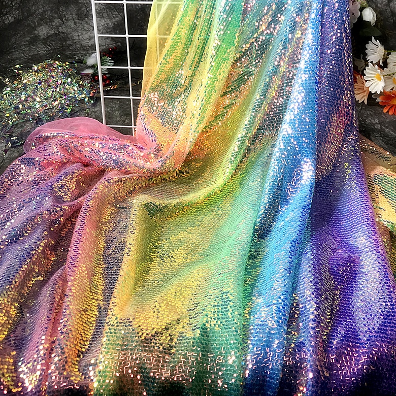 Colorful Rainbow Shiny Special Material Sequin Fish Scale Fabric Drape Dress Fabric 1 Yard