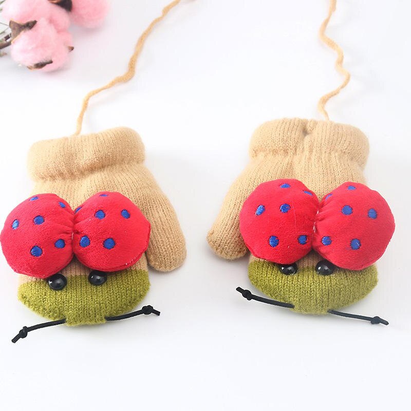 Wecute Forma Dos Desenhos Animados Joaninha Bonito Bebê Infantil Luvas de Inverno Crianças Luvas De Malha Saco Refere-se Ao Pescoço Pendurado Luvas Duplas para 3-6Y: Bege