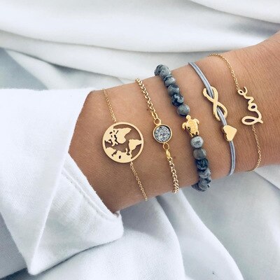 Tocoan 5 teile/satz Charme Bowknot Herz LIEBE Seil Karte Kristall Marmor Manschette Armbänder für Frauen Boho Party Schmuck Pulseira 6536: Ursprünglich Titel