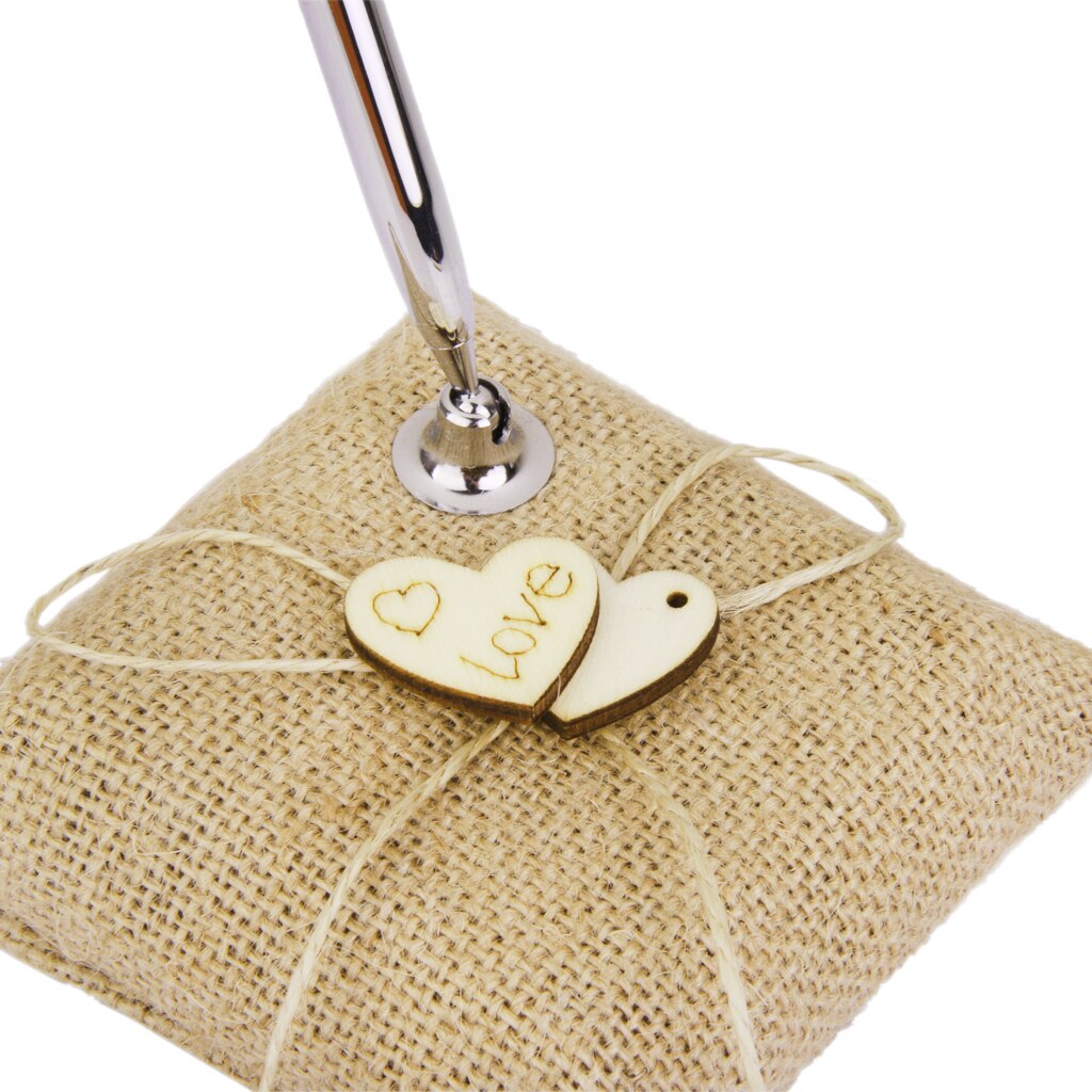 Vintage säckväv pennställ och pennset för bröllop bröllopsmottagning trä hjärtan dekor part händelse favor gäster barn