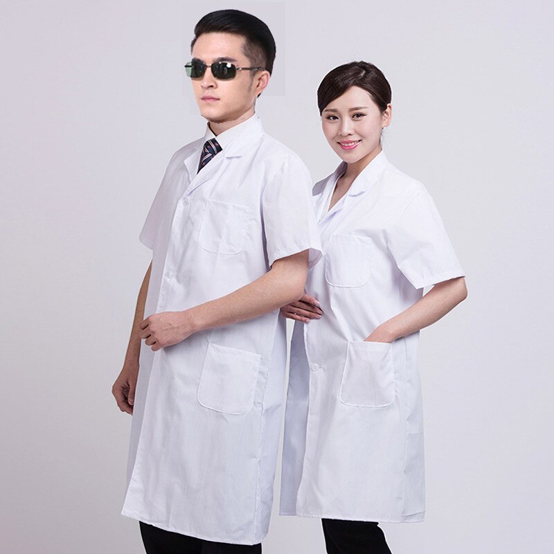 Bata de laboratorio blanca Unisex, uniforme de trabajo de manga corta con bolsillos, ropa de médico y enfermera, AC889