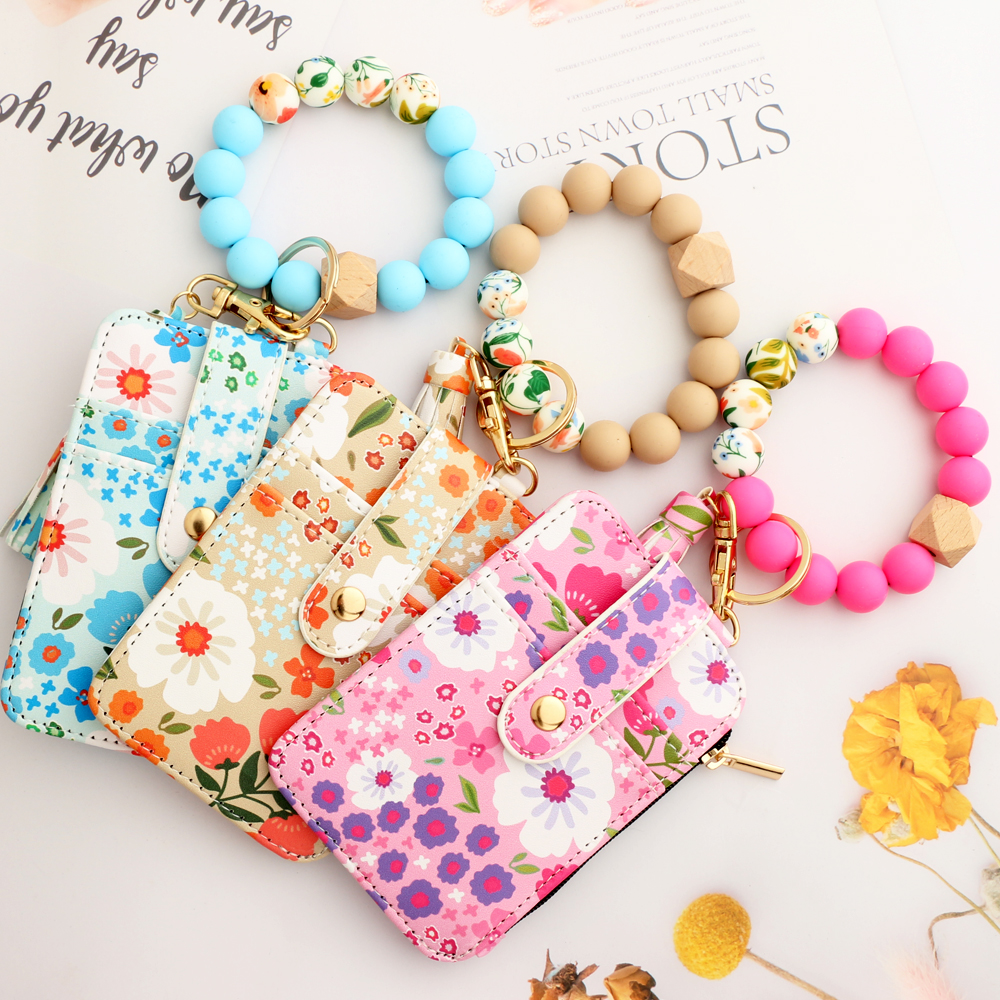 Silicone bead pu leather key chain wristlet id credit card holder keychain wallet for women Pink Flower Print Wallet