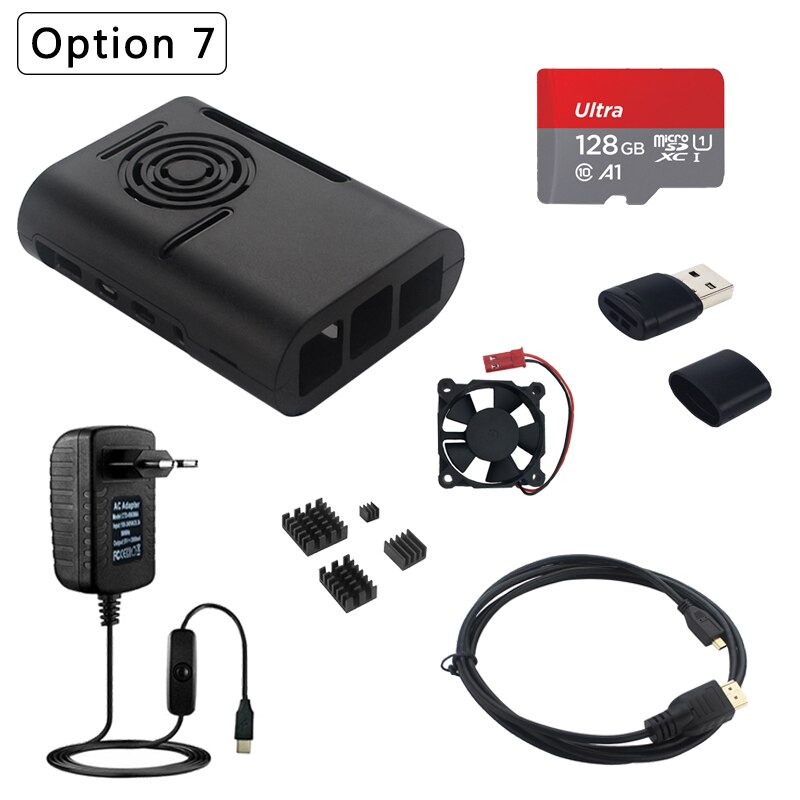 Raspberry Pi 4 Model B Case Abs Shell Plastic Huis Koelventilator Heatsink Hdmi-Compatibele Kabel Voeding Adapter voor Pi 4: Option 7
