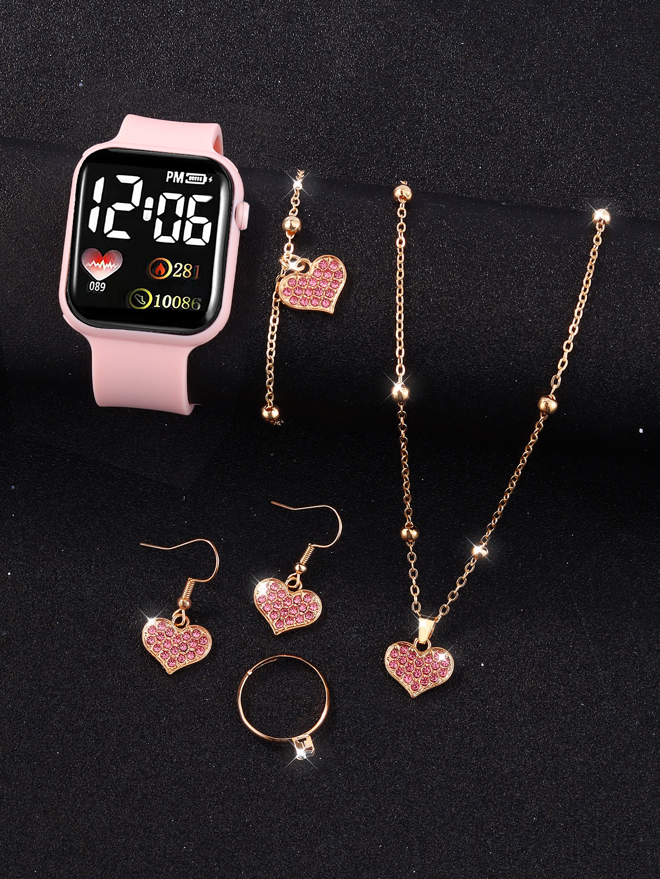 Reloj digital deportivo simple rectangular de silicona para mujer, color rosa, con corazón, collar completo de diamantes, de cumpleaños: Rosa
