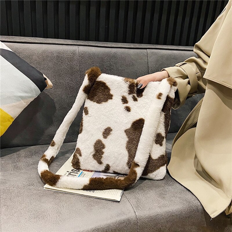 Puimentiua Winter Shoulder Bag Female Leopard Female Bag Chain Large Plush Winter Handbag Messenger Bag Warm Fur Bag: 10