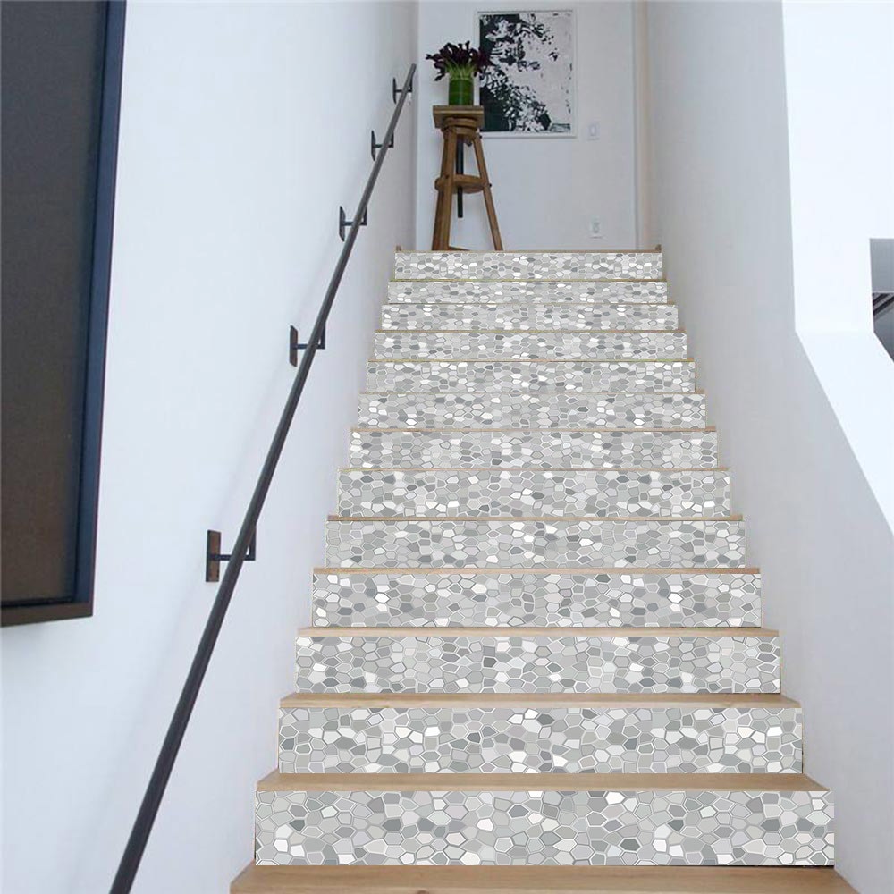Juego de 13 unidades de pegatinas para escaleras de mosaico de Pvc blanco y gris, decoración para el hogar Diy, adhesivos creativos para azulejo de pared impermeable, pegatinas para escalones