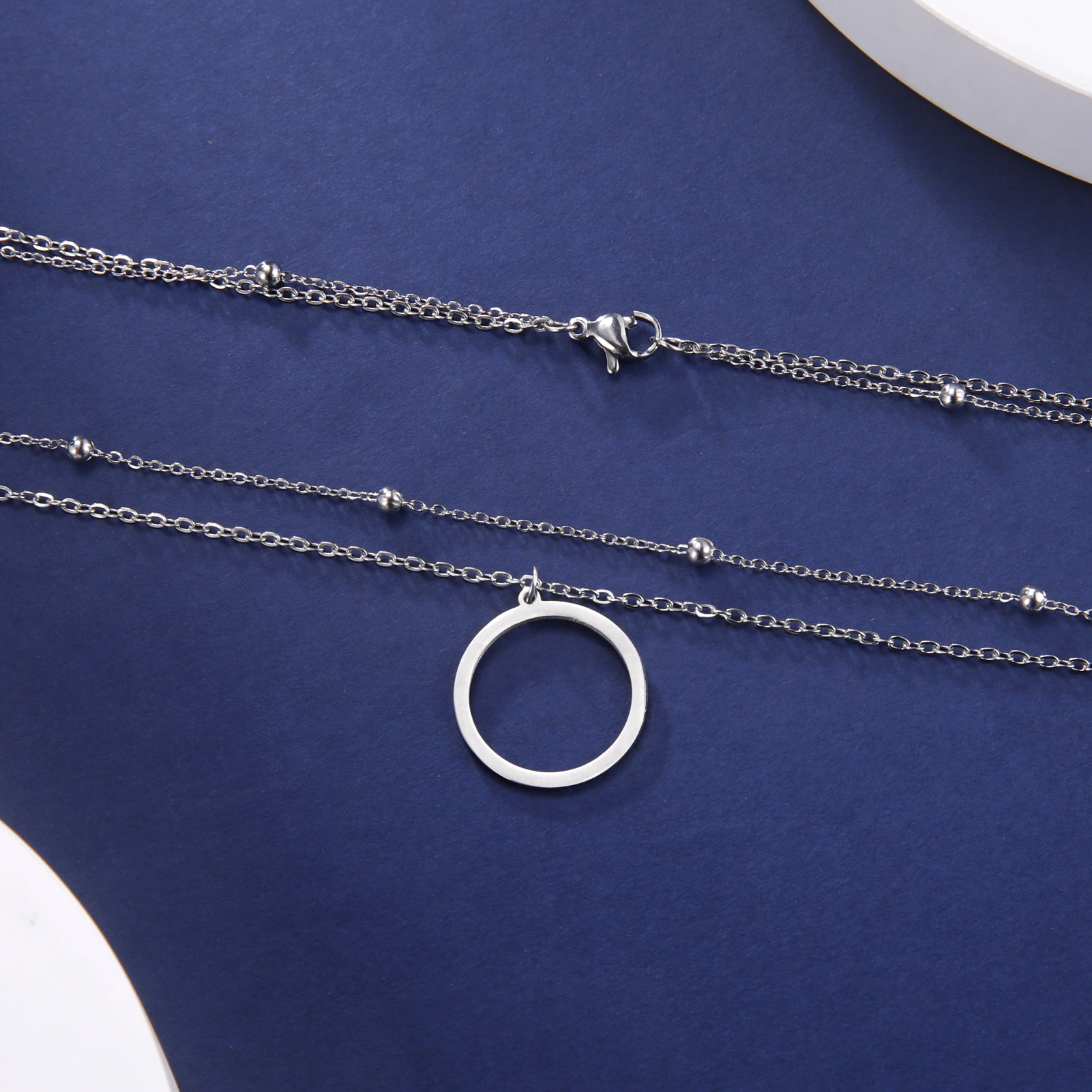 Teamer-Cadena de doble cuenta para mujer, collar con colgante de círculo hueco, Color dorado, collares simples populares de acero inoxidable, joyería