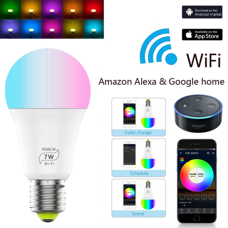 7W Smart Lamp Bulb RGB White 220V Magic Light Bulb LED E27 WiFi Bulbs Timer Function Work Alexa Google Home Smartphone
