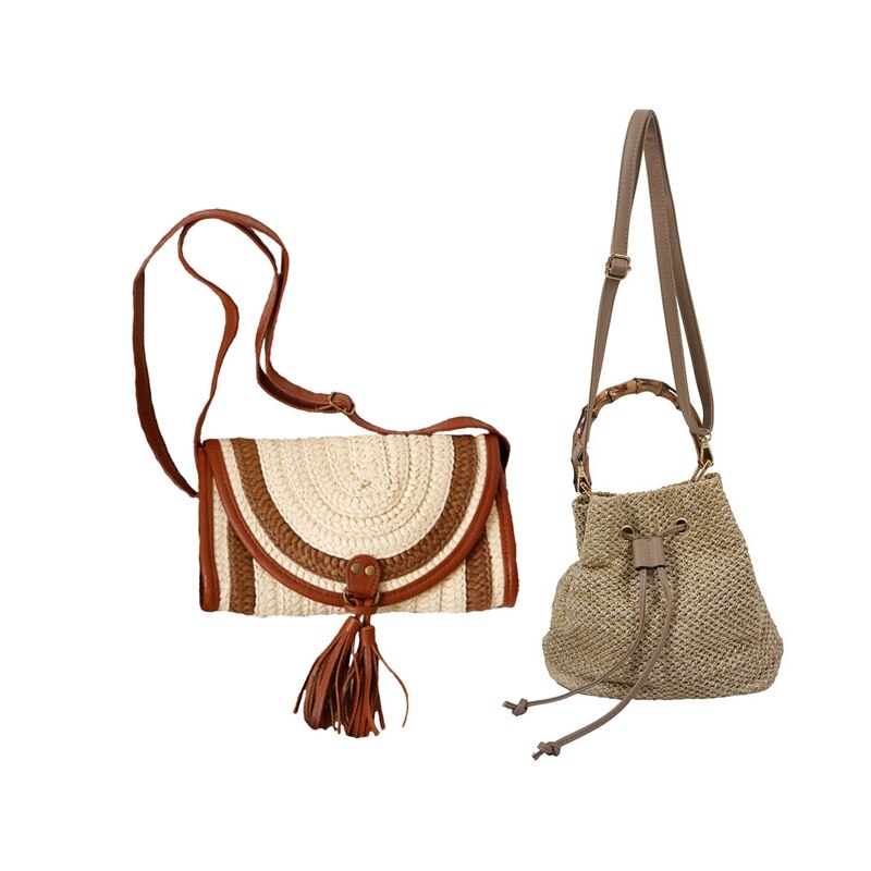 2 Pcs Drawstring Women's Straw Bucket Bag Summer Woven Shoulder Bags Shopping Purse Beach Straw Handbags, Khaki & Brown
