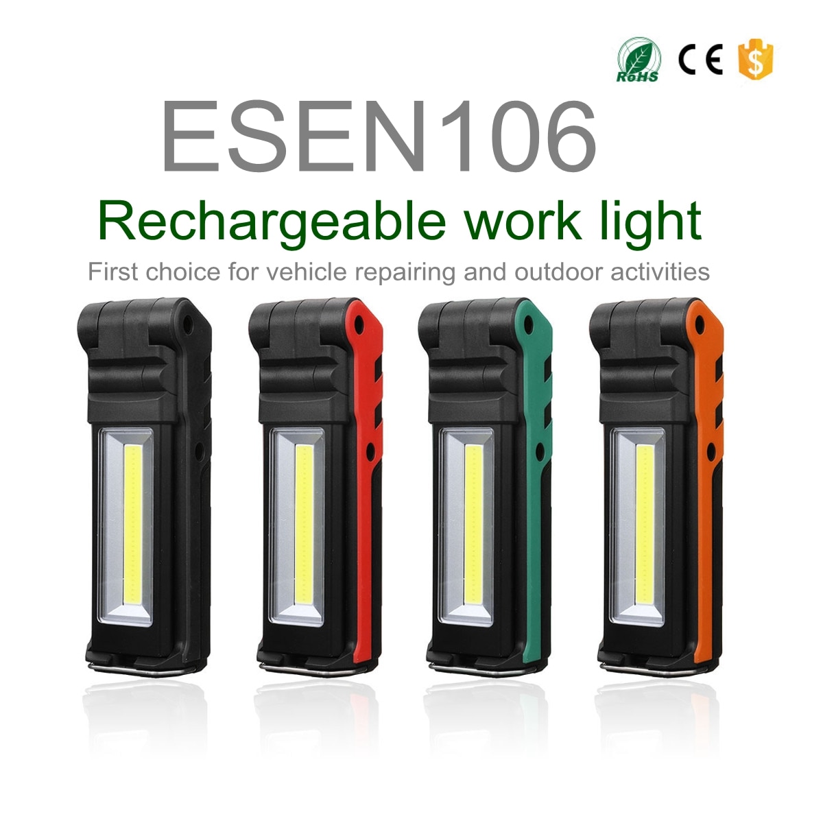 Projecteur portable bimodal COB ESEN106, rechargement USB, avec batterie, spot étanche et aimanté équipé d'une poignée, 2 modes, accumulateur 18650