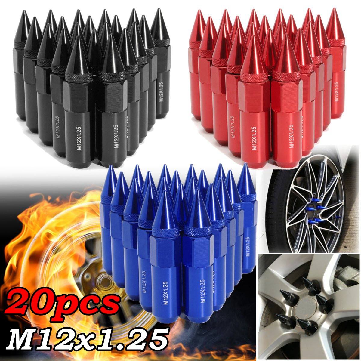 20 Pcs Aluminium M12X1.25 Auto Wielen Velgen Wielmoeren w/Spiked 60mm Uitgebreide Tuner Blauw/Rood/ zwart
