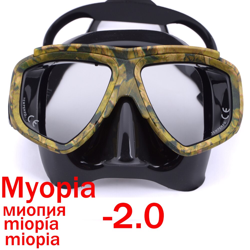 Máscara de buceo para miopía, máscara de camuflaje antiniebla para equipo de pesca submarina, máscara de natación, lentes de visión corta: Myopia -2.0 New