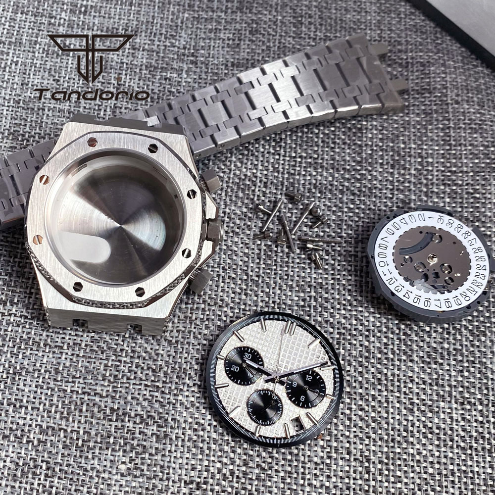 Roestvrijstalen Geborsteld 42Mm Horlogekast Armband Achtkant Bezel Saffier Crystal Fit Vk63 Vk64 Chronograaf Quartz Uurwerk