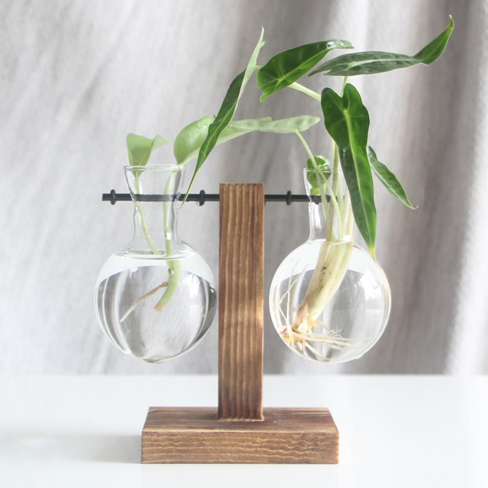 Glas og træ vase plante terrarium bord desktop hydroponics plante bonsai urtepotte hængende potter med træbakke boligindretning: Type 6