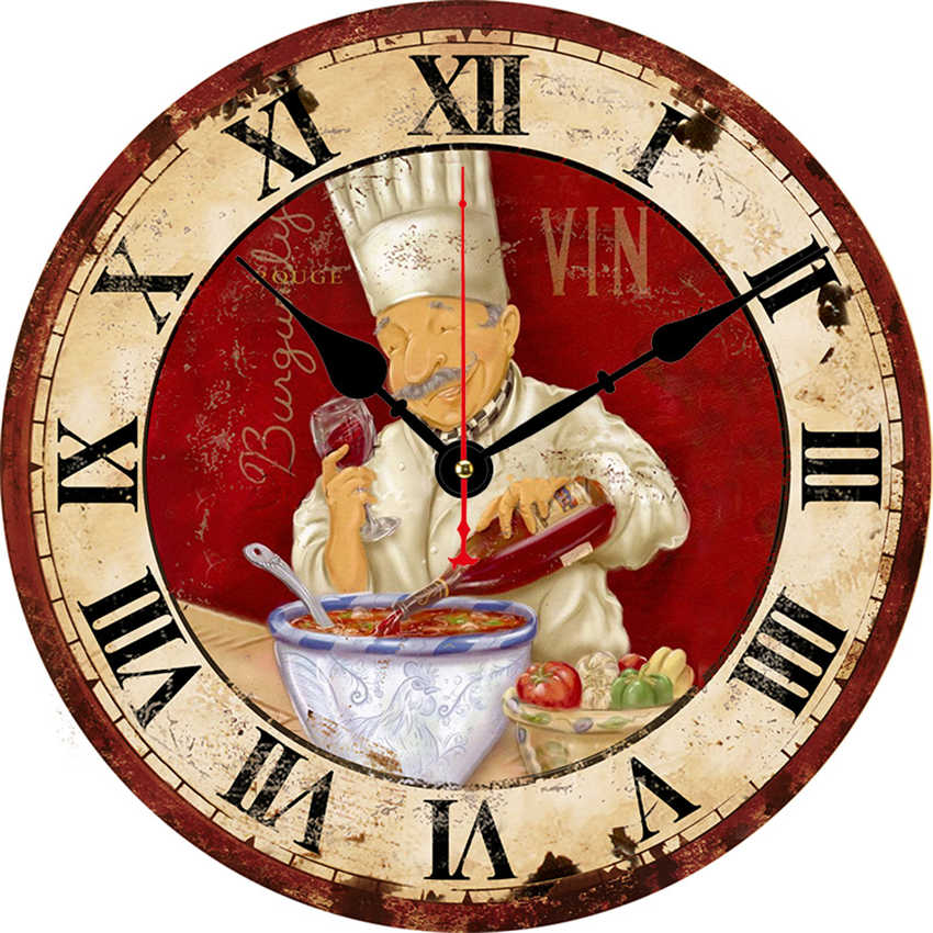 modern Large Shabby Chic Rustic Kitchen Chef cooking good wine Wall Clock 16" Kitchen Chef Wine Round Wall Wooden Clock: 24829 / 16inch(40CM)