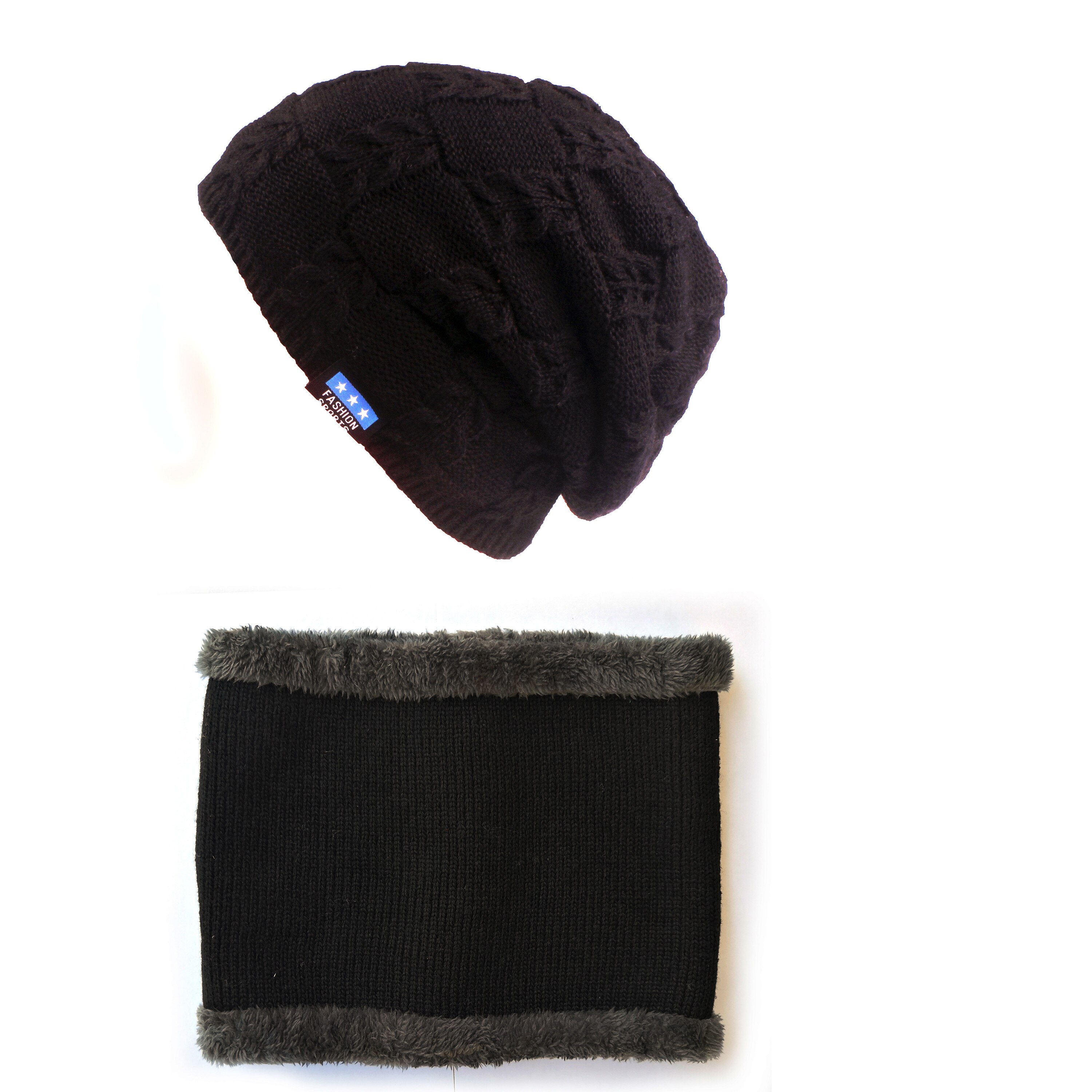 Xthree hommes bonnets hiver Skullies tricoté chapeau écharpe avec doublure laine mâle Gorras Bonnet hiver chapeaux pour hommes bonnets chapeaux: hat scarf set black