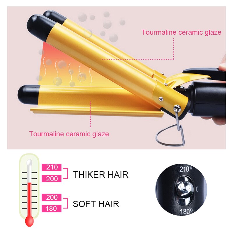 Women Hair Curler Automatic 3 Barrels Curler Deep Barrel Hair Waver Hair Curling Iron Wand Styling Tools for Long Hair