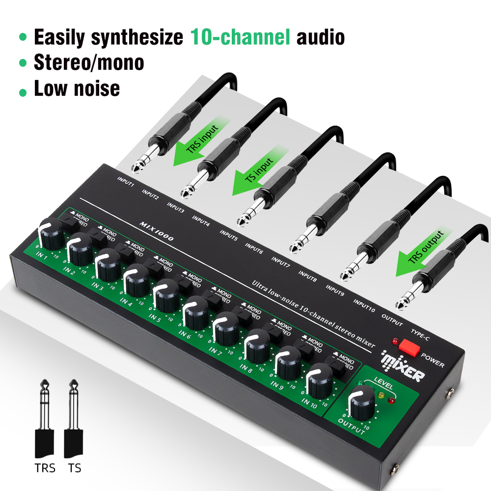 10- kanals lydmikser bærbar ultralavstøys stereo mono linjemikser 6.35mm- inngangs lydprosessor til gitar bass tastatur
