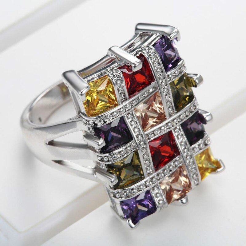 Multicolor Prinses Crystal Ring Voor Vrouwen Anel Trouwringen Regenboog Kleur Steen Ring Anillo Sieraden Party Rings