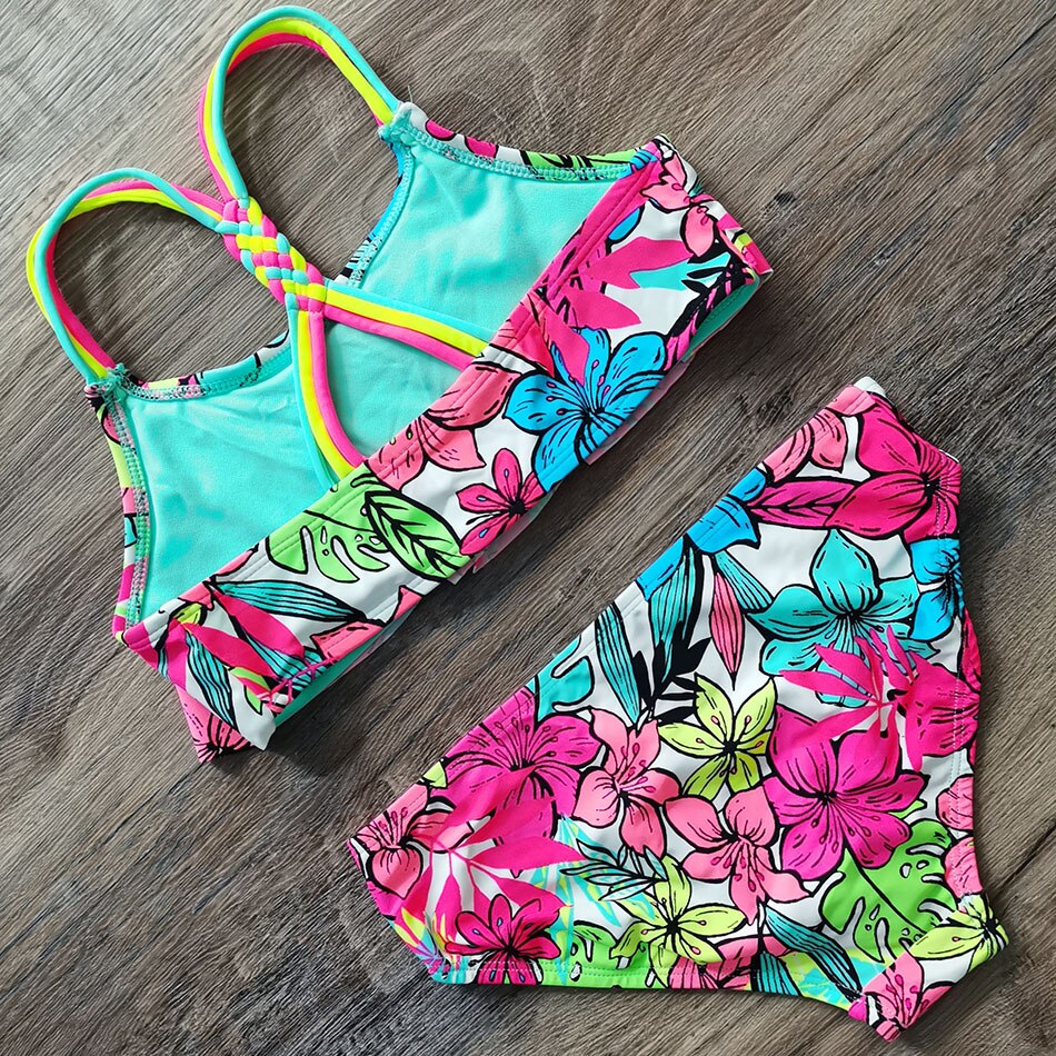 5-18 Years Girl Swimsuit Tropical Plant&Flower Teenage Girl Bikini Set Two Piece Children's Swimwear Young Girls Bathing Suit