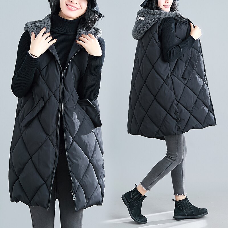 Gilet mi-long en poils d&#39;agneau pour femme, vêtement d&#39;extérieur, rembourré en coton, ample, hiver,