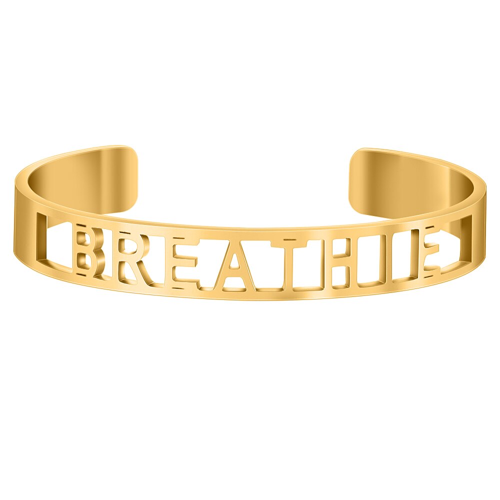 Cor do ouro oco para fora de aço inoxidável palavras inspiradoras positivas mantra mantra mantra pulseira pulseiras para homem presente feminino: BREATHIE