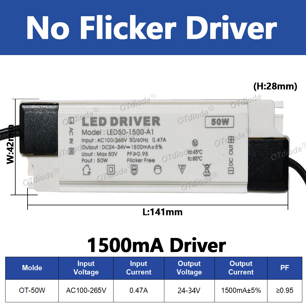 Transformateur de pilote LED 20W-50W DC24-42V 500mA 600mA 700mA 800mA 900mA 1000mA 1200mA 1500mA, alimentation sans scintillement, remplacement de la durée de vie: Ivoire