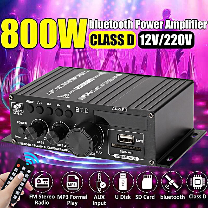 AK35 380 800W Home Digitale Versterkers Audio 110-240V Bass Audio Power Bluetooth Versterker Hifi Fm Auto muziek Subwoofer Speakers: AK380 no plug
