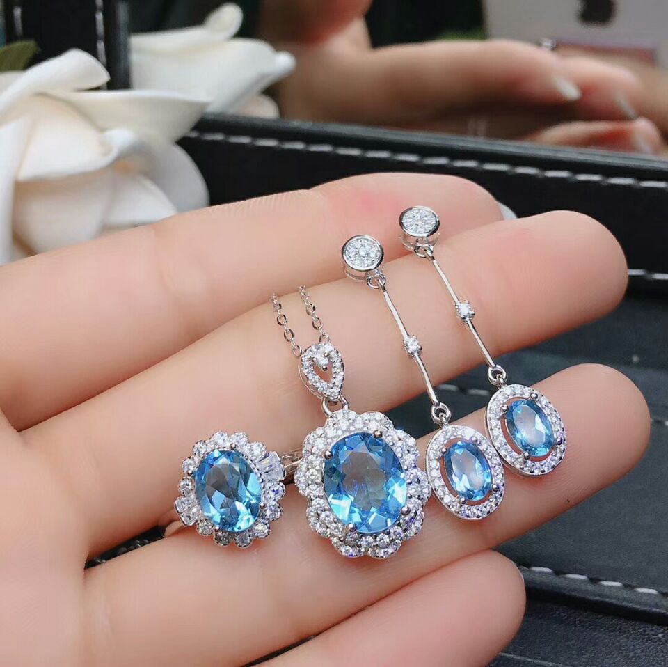 MeiBaPJ Sehr SchöNe Natürliche Himmel Blau Topas Edelstein Schmuck einstellen 925 Reinem Silber 3 Stück Anzug Hochzeit Schmuck für Frauen